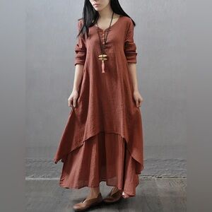 NWT Brick Red Cotton Blend Split-Joint Loose Boho Dress